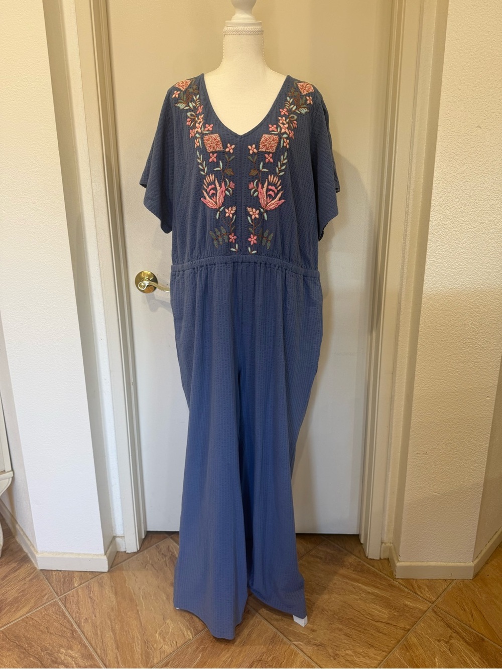 Destination 365 Embroidered Short Sleeve Jumpsuit In Blue Size 1X